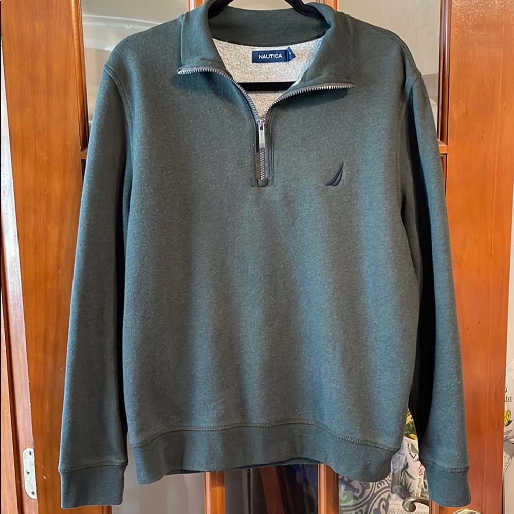 Nautica Green Zip Up Sweater with Ribbed Collar